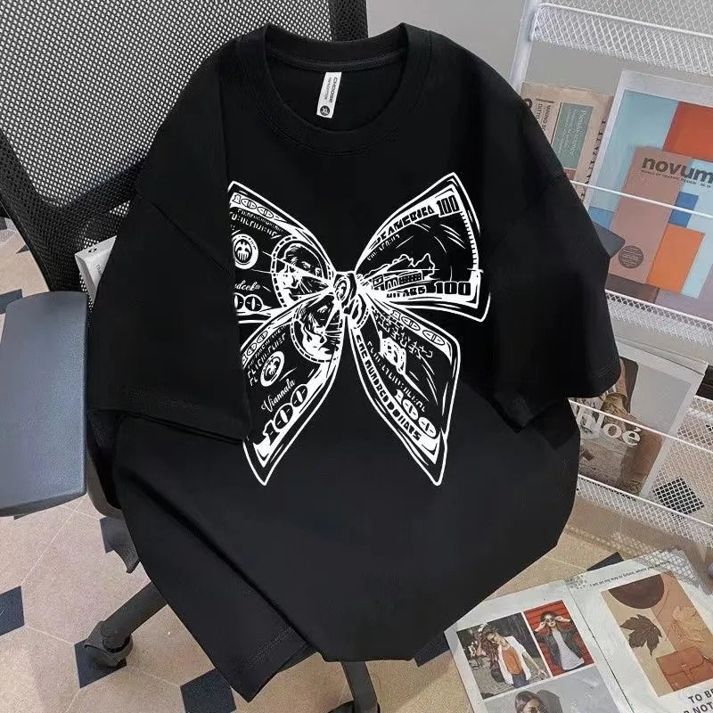 Summer Fashion Trendy Bow Printing Round Neck T-shirt Short Sleeve Large Size Universal Top for Men and Women