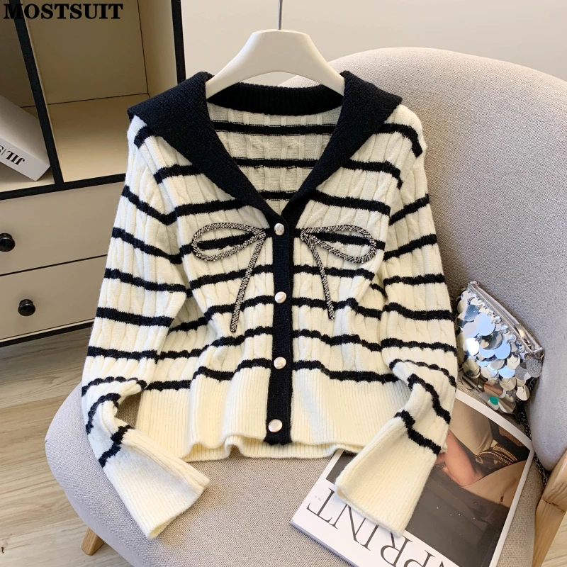 

Stylish Striped Knit Sweater Cardigan Women 2026 Spring Long Sleeve Bowtie Diamonds Beading Knitwear Tops Vintage Chic Jumpers