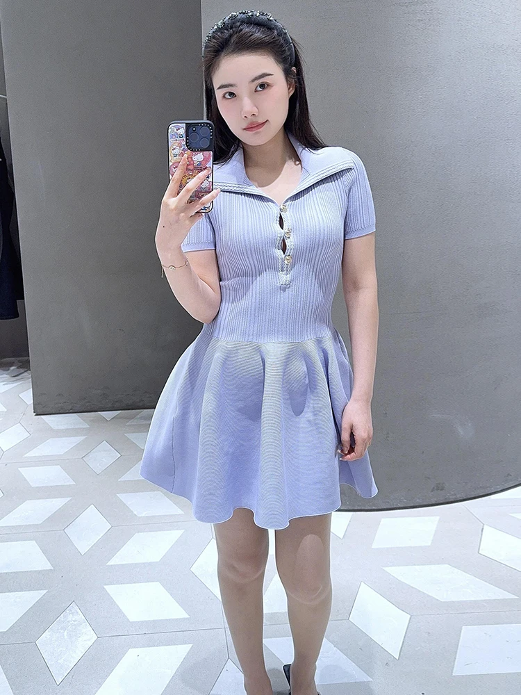 

High-End Women's Knitted Dr with Diamond Embelliment And Collar Spring Summer Autumn Season A-Line Skirt Polyester ...