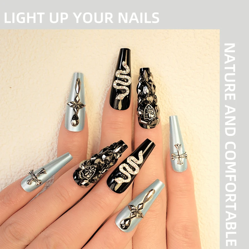 

Black and White Silver Snake Handmade Press on Nails Wearing Armor with Shield Emblem Cross Dark Nail Art