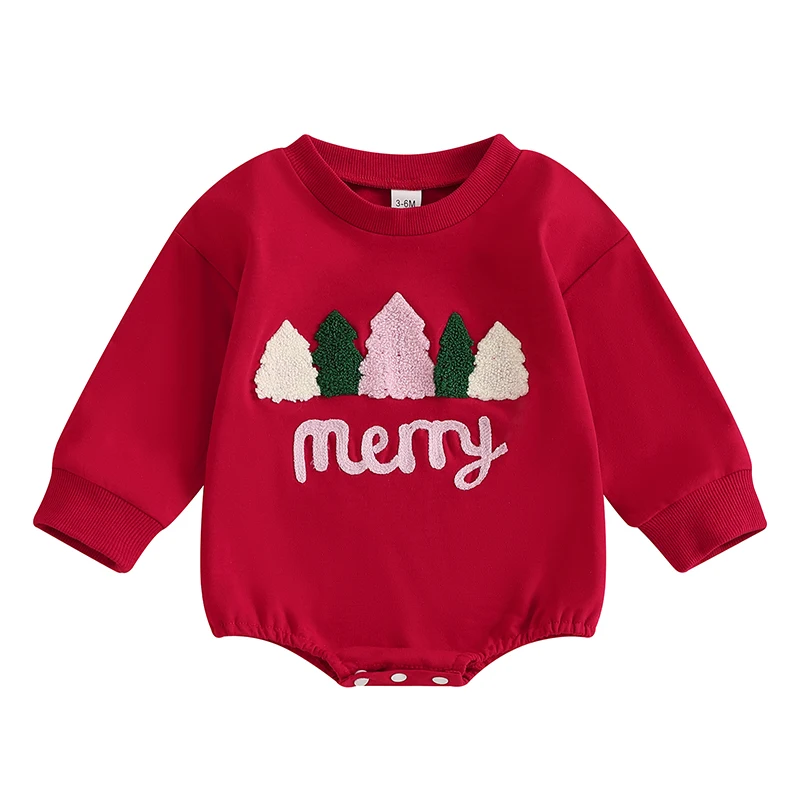 

Girls Boys Christmas Jumpsuit Long Sleeve Crewneck Letter Christmas Tree Embroidery Sweatshirt Romper