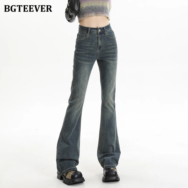 

BGTEEVER Vintage High Waist Pockets Slim Ladies Skinny Flare Jeans Trousers Autumn Winter Stylish Female Solid Denim Pants