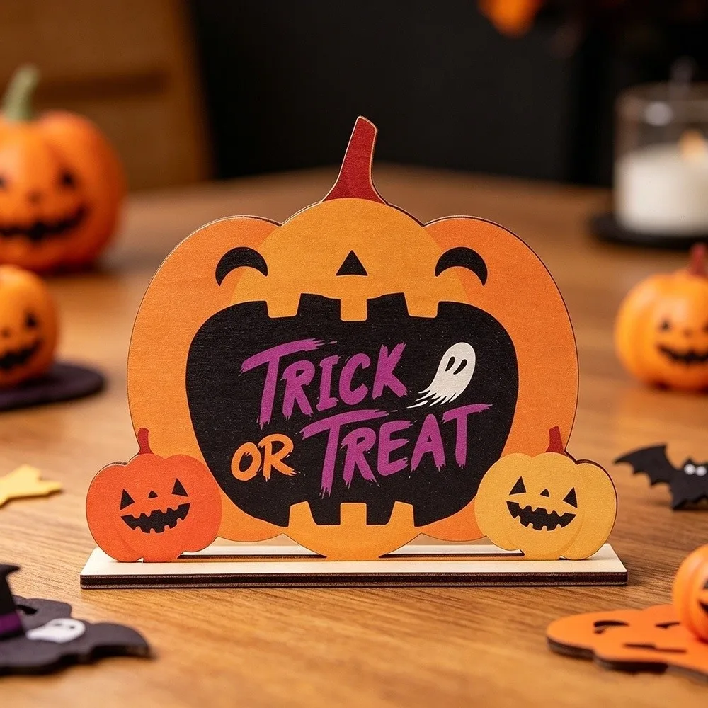 Cartoon Pumpkin Wooden Ornaments Pastoral Sign Halloween Pumpkin Figurine Stable Base Hand Painted Pumpkin Table Ornament