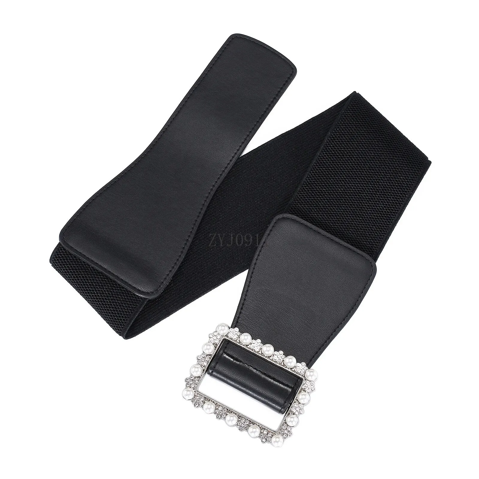 1pc Cintura da donna Cintura modellante con fibbia di perle alla moda Cintura elastica elastica versatile Cintura in vita larga in pelle PU con abito Coa