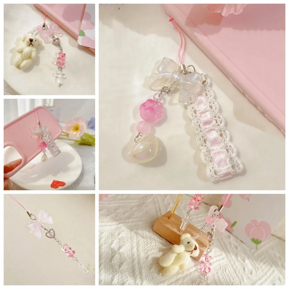 Sweet Girl Sweet Girl Phone Strap Universal Anti-lost Mobile Phone Chain Plush Bear Pink Phone Lanyard Beaded Backpack Ornament