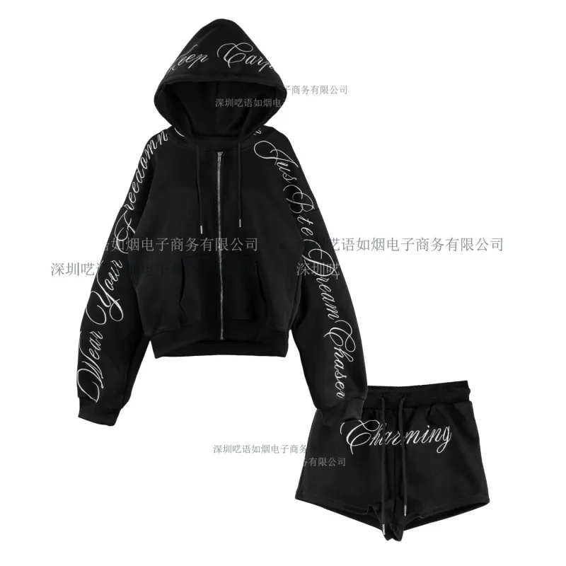 Streetwear Script Print Zip Hoodie & Shorts Set Frauen Grau/Schwarz Lose Casual 2 Stück Outfit 2025 Neue Mode