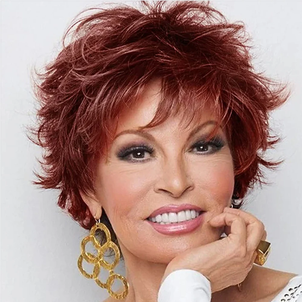 HAIRJOY Synthetic Hair Short  Layered Wig with Bangs Red Mixed Auburn Curly Wigs for Women