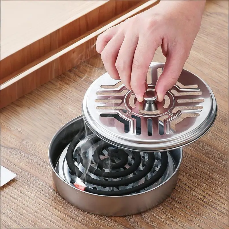 Soporte para espirales antimosquitos, caja de espirales antimosquitos de acero inoxidable con cubierta, bandeja redonda para espirales antimosquitos, suministros antimosquitos fáciles de limpiar