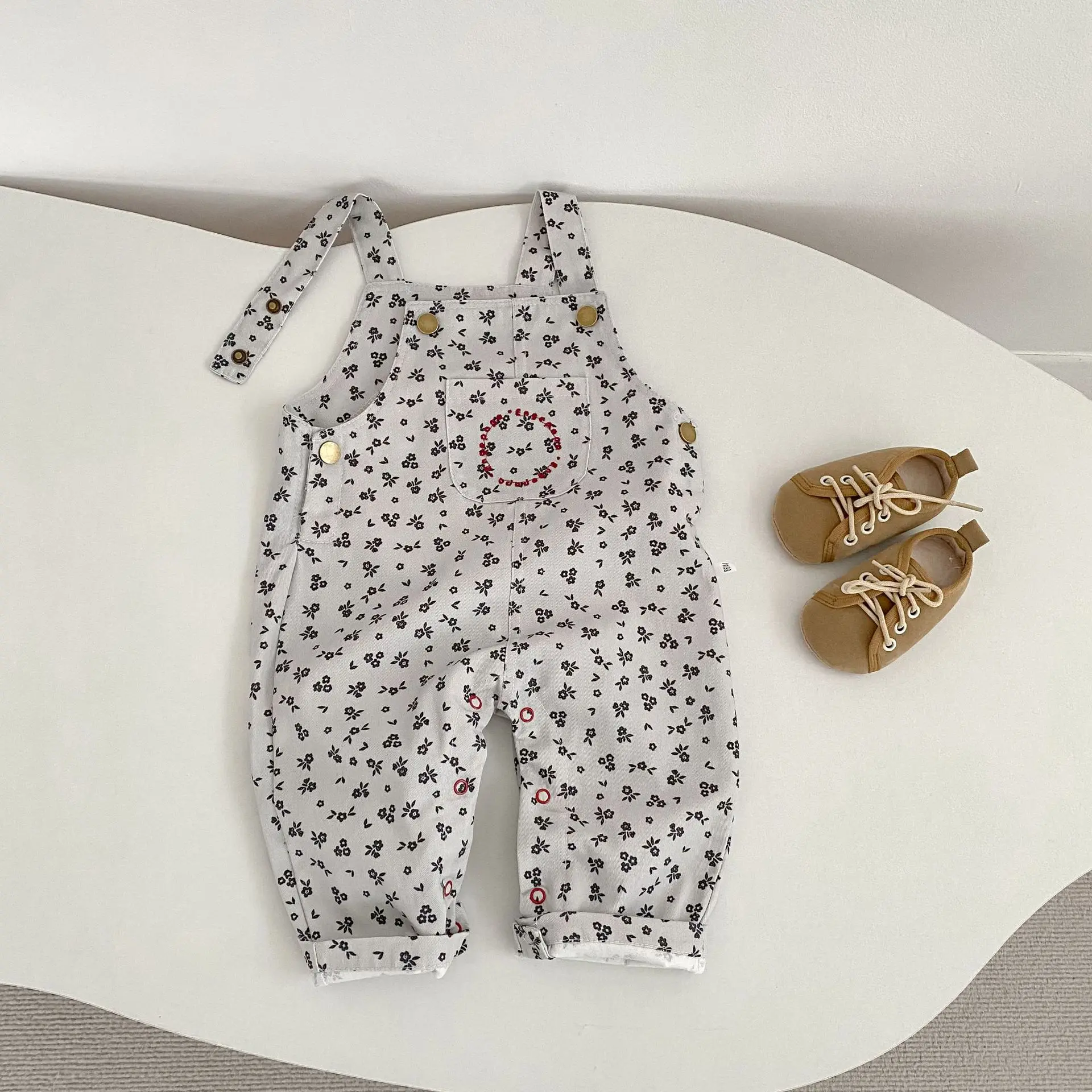 

Spring and Autumn New Trendy Versatile Printed Open-Crotch Snap Button Casual Denim Overalls