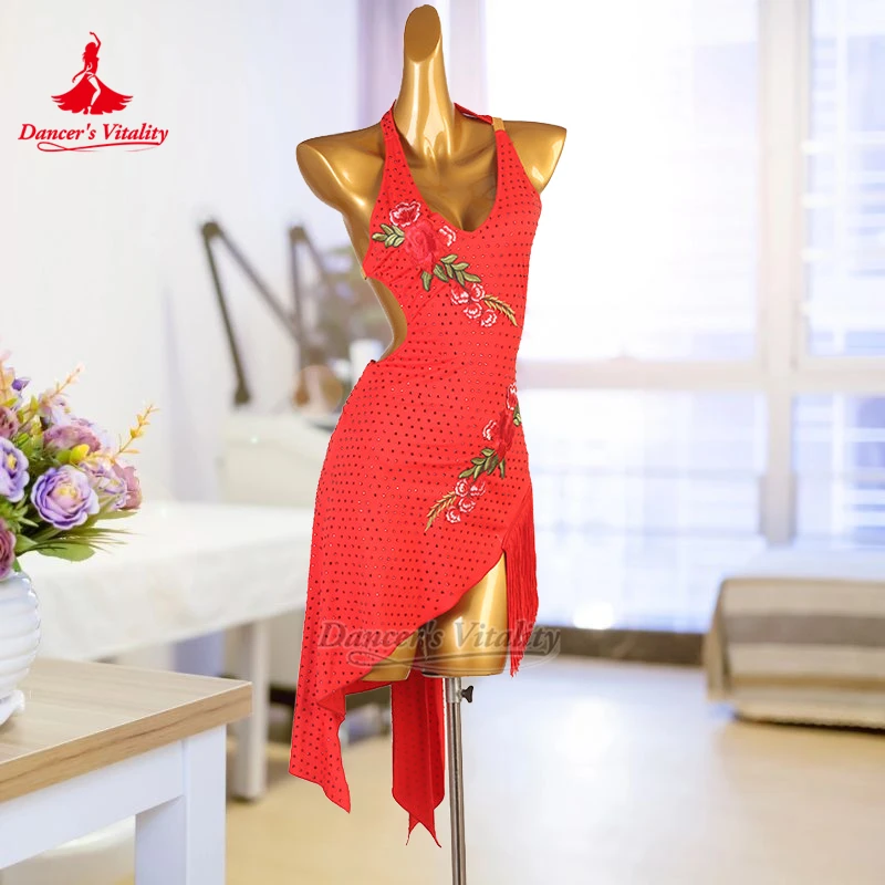 

Новый дизайн, платья для латинских танцев без рукавов с открытой спиной, жизненная танцевальная одежда для взрослых и детей, самба, румба, профессиональная одежда для соревнований на заказ