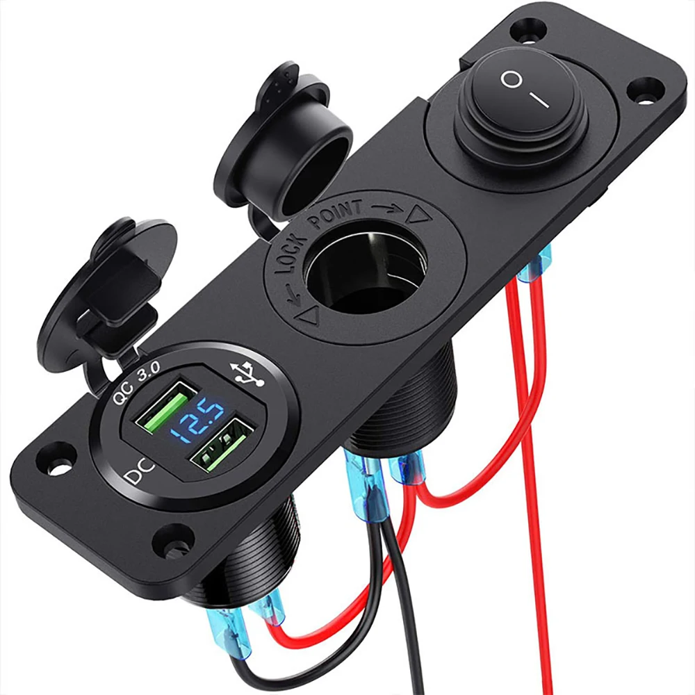 12V Cigarette Lighter Socket 3 in 1 Waterproof Car Dual QC3.0 USB Outlet Panel for RV Marine Boat Power Socket Charger Socket