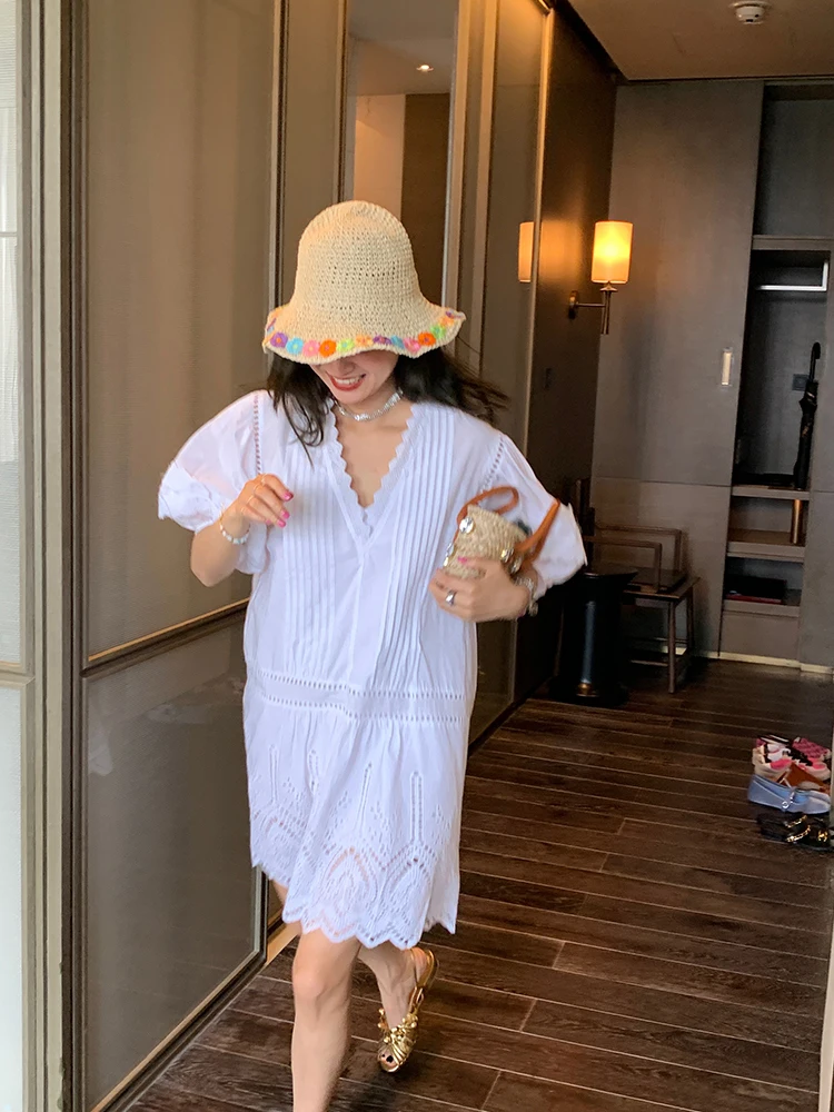 White Lace Bubble Sve Dr Women's Loose Sle Korean Version A-Line Skirt Cotton ort Sve V-Ne Summer New Arrival