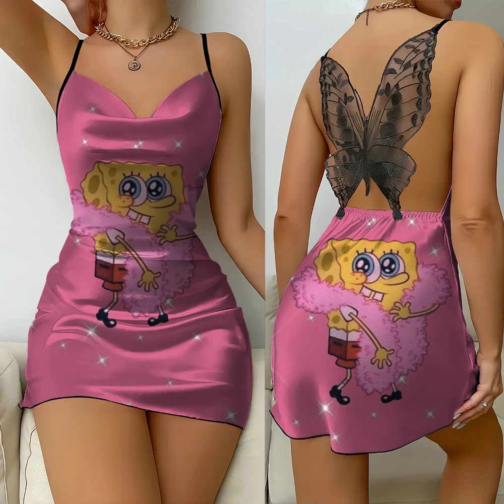 2024 Women's Party Suspender Dress Printed SpongeBob Butterfly Lace Backless Ladies Fashion Satin Home Nightdress