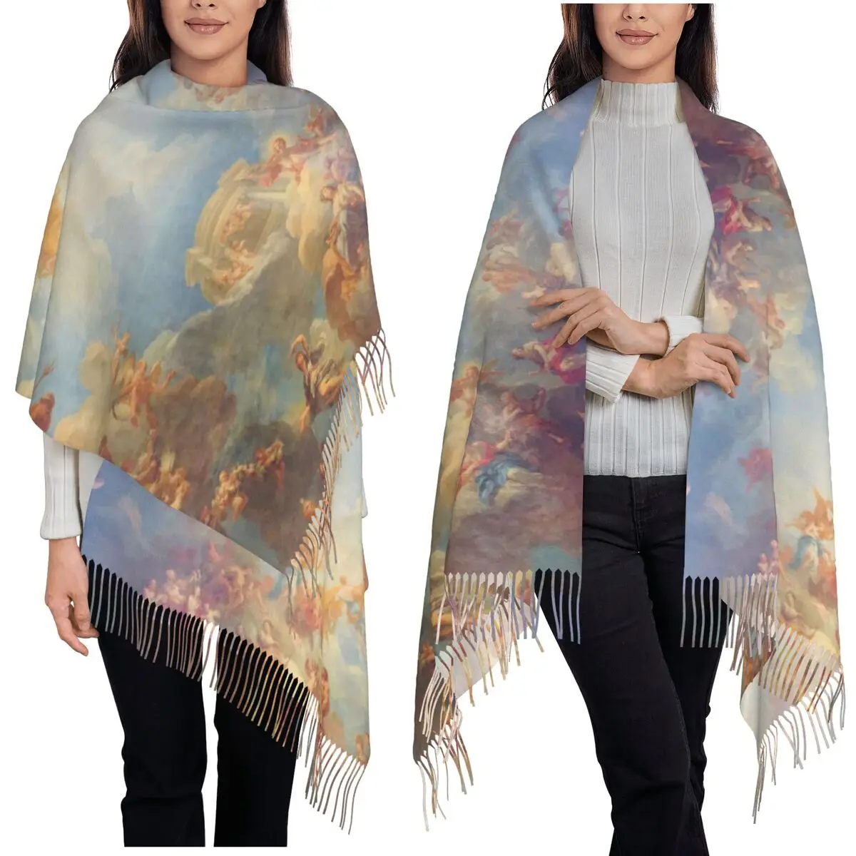 ديكور السماء الدرامية عصر النهضة الملائكة وشاح مربع شرابة الأوشحة النساء شالات دافئة لينة ويلتف طويل الخريف الشتاء شال التفاف
