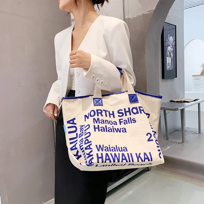 Shopping Bag Casual Tote Bag For Women Quality Canvas Portable Handbags Letter Printed Brand Shoulder Bag Large Travel Beach Bag