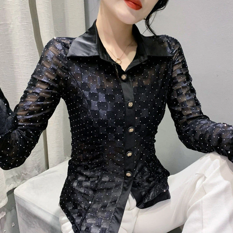 Spring Autumn Polo-neck Diamonds Mesh Patchwork Buttons Shirt Female Long Sleeve Elegant Fashion All-match Blouse Women\'s Top