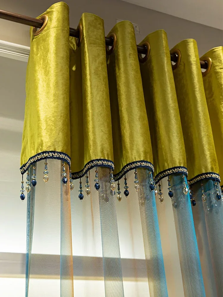Customized Jewel Blue Hollowed Out Embroidered Window Screen Double Curtains For Living Room Bedroom Villa French Window
