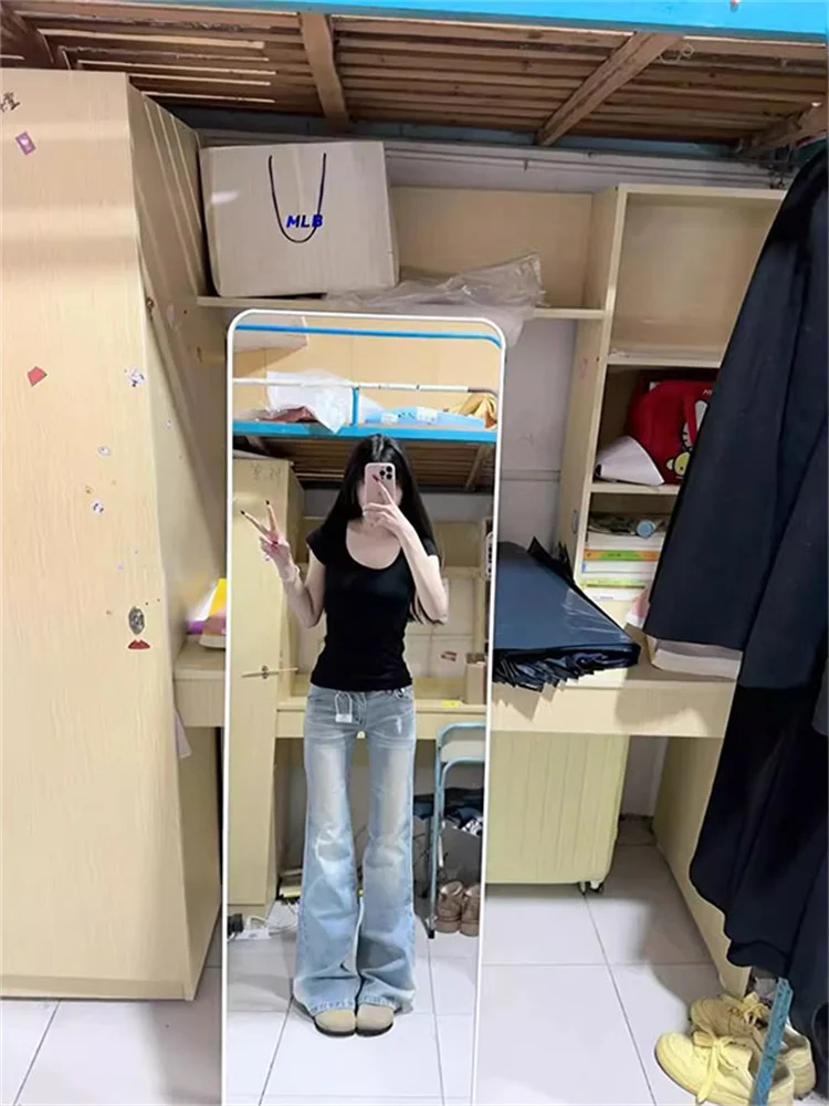 بالإضافة إلى حجم الضوء الأزرق الدانتيل مايكرو متوهج الدينيم الجينز المرأة منخفضة الخصر مرونة صغيرة الحجم حافر السراويل عارضة Sle