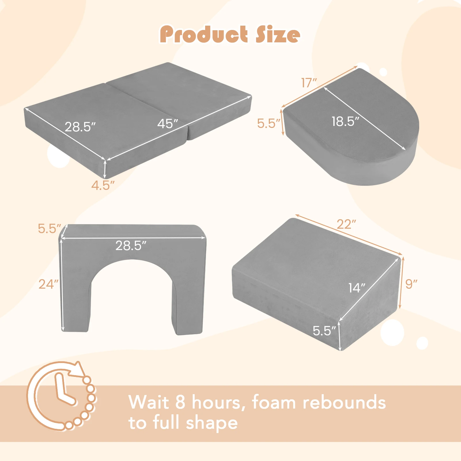 8 PCS Sofa Modular Anak dengan Penutup Kain Suede Busa Berdensitas Tinggi