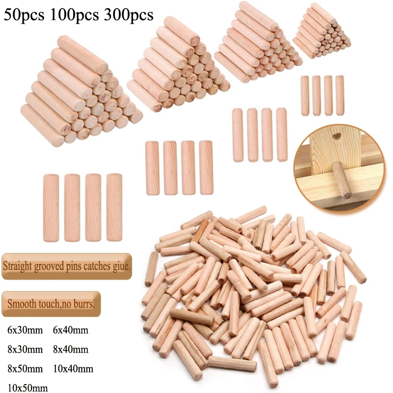 50-300pcs Woodworking Doweling Jig Kit Round Grooved Fluted Wooden Plug Wood Dowel Pins Rod Drilling Guide Locator Tool