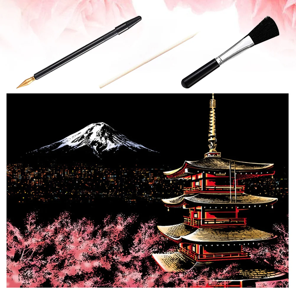 

1 Set of 4pcs DIY Scratch Picture Mount Fuji Night Scene Scratching Drawing Painting Paper Scratchboard Bamboo Stick Gold-plated