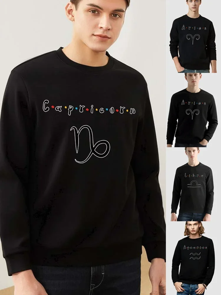 

Men's Constellation Print Pullover Warm Long-sleeved Sweatshirt Twelve O-neck Casual Autumn Black Comfortable Youth Hoodie Top