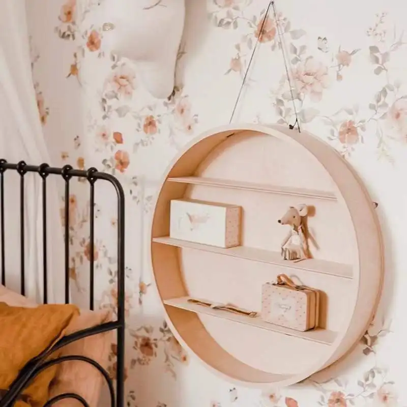 4-layer circular wooden wall storage rack for Japandi interiors