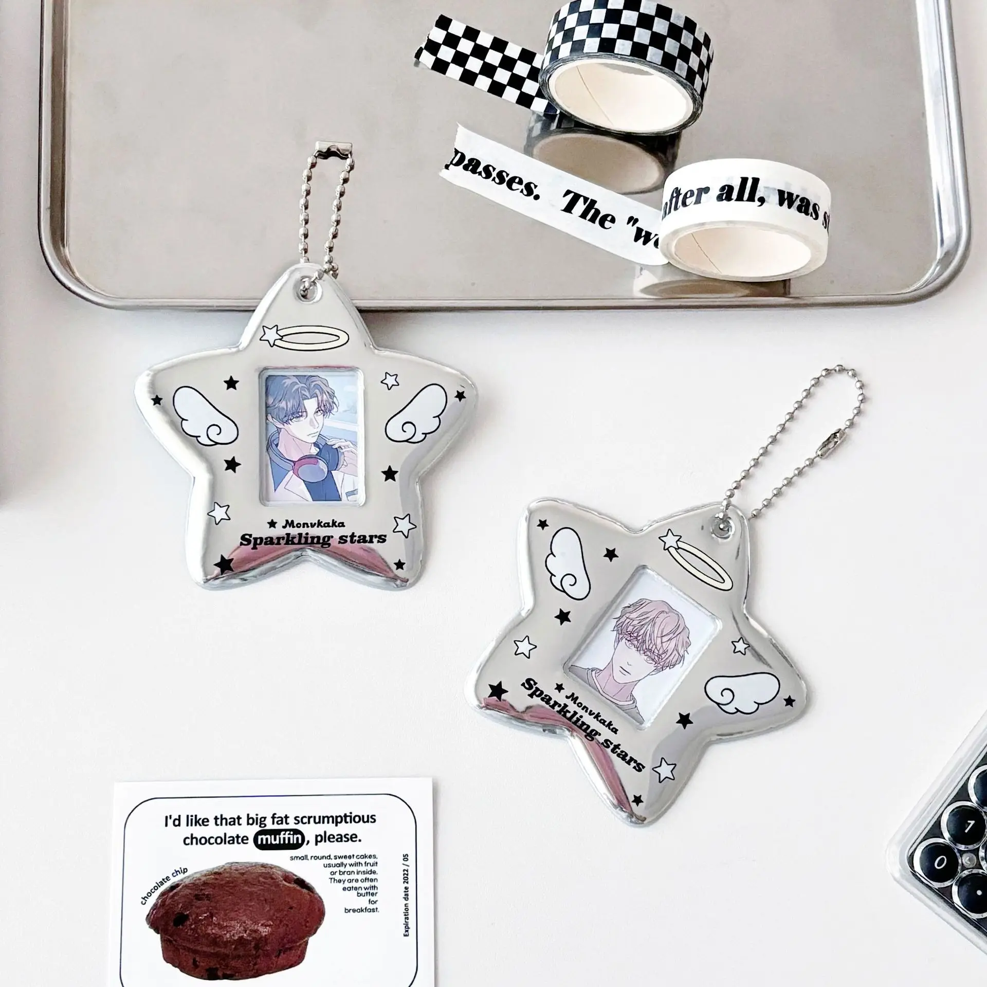 Silver Sparkling Star Kpop Photocard Holder Keychain Photo Card Holder 1 Inch ID Badge Holder Bus Credit Bank Card Decor