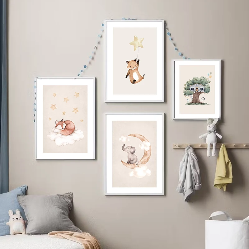 Cartoon Cute Animals Poster Nursery Fox Rabbit with Balloon Prints Canvas Painting Wall Art Pictures for Home Kids Room Decor