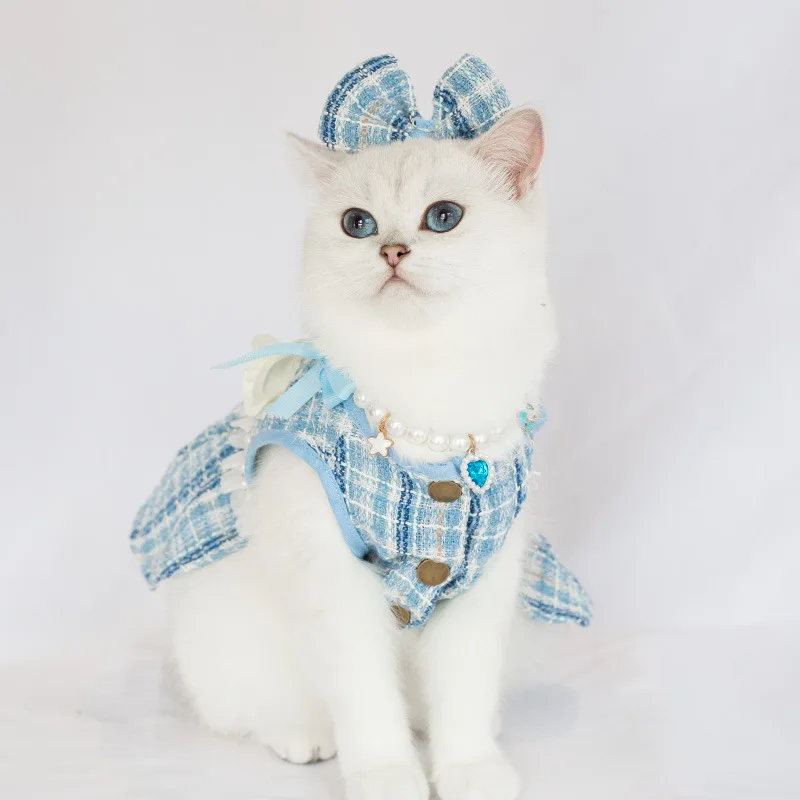 Cute Cat Skirt Necklace Hair Accessory Set High Quality Pearl Plaid Jacket Soft Texture Kitten Dress for Party Shooting Clothes