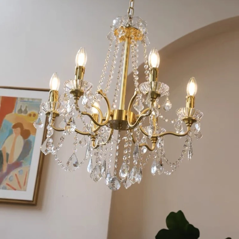 French Luxury Copper Candle Led E14 Chandelier Living Room Lustre Crystal Led Pendant Lights Led Home Decor Luminarias Lamparas