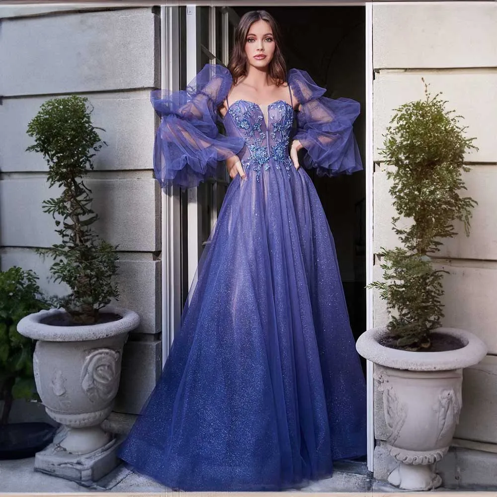 Vestido de graduación de tul con cuello corazón para mujer, apliques, vestido de noche de fiesta de corte con manga abullonada extraíble