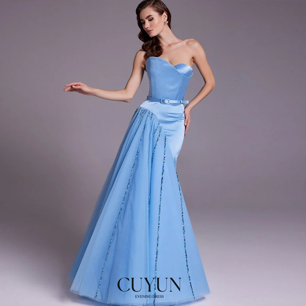 فساتين سهرة نسائية فاخرة باللون الأزرق من CUYUN بدون حمالات على شكل حرف A مع حزام فساتين رسمية أنيقة مخصصة للنساء