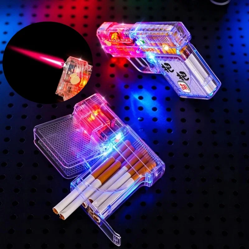 Windproof and Cool Colorful Light Gun Shaped Cigarette Box Integrated Inflatable Lighter, Transparent Luminous Jet Flame Lighter
