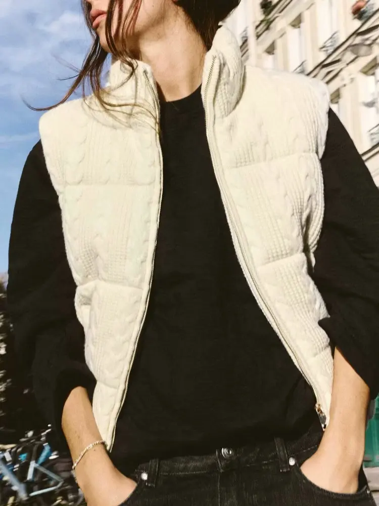 Women's Vintage Luxury Padded Knitted Beige Short Waistcoats Female Elegant Winter Thicken Warm Sleeveless Parkas Jacket Vests