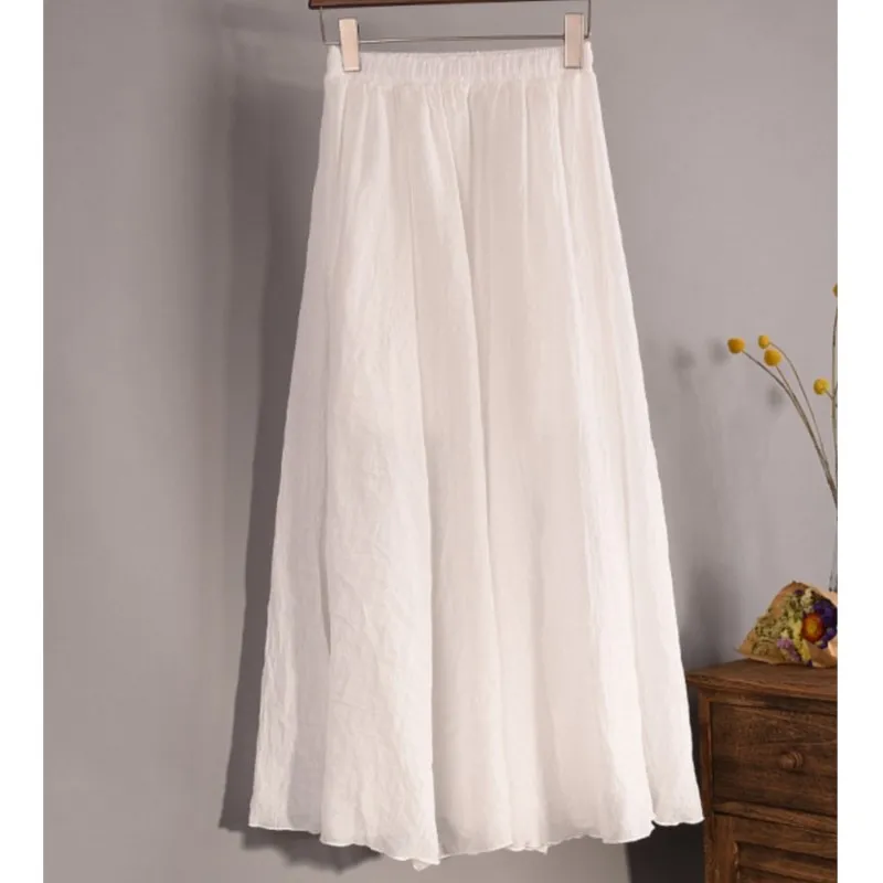 2025 Summer Women All-match Long Skirt Mid-calf Casual Linen Elastic Waistband One Size Expansion Hemline Lined Female Skirts