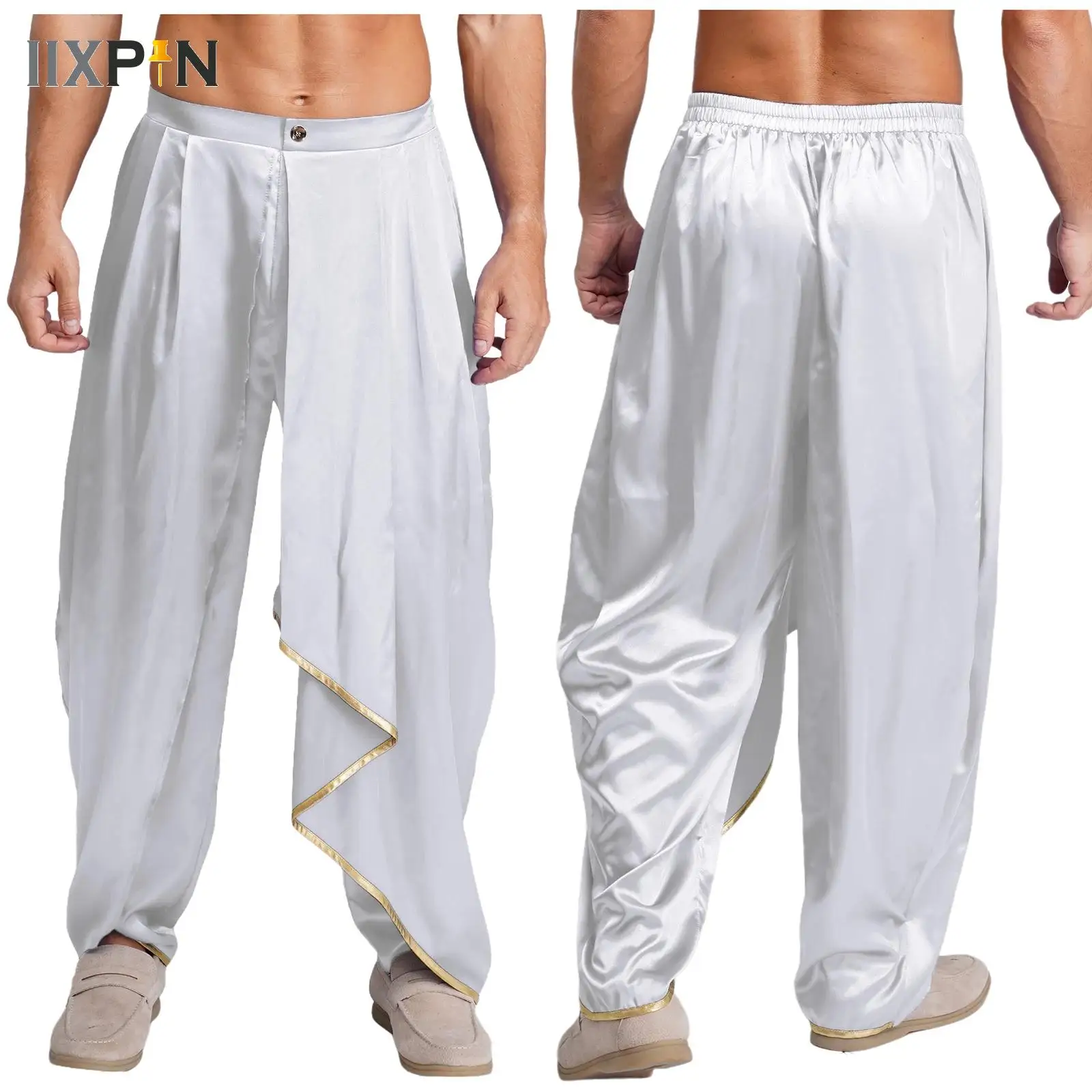 

Men Arabian Prince Halloween Carnival Cosplay Costume Pleated Drapes Satin Dhoti Pants Adult Baggy Bloomers Trousers Clubwear