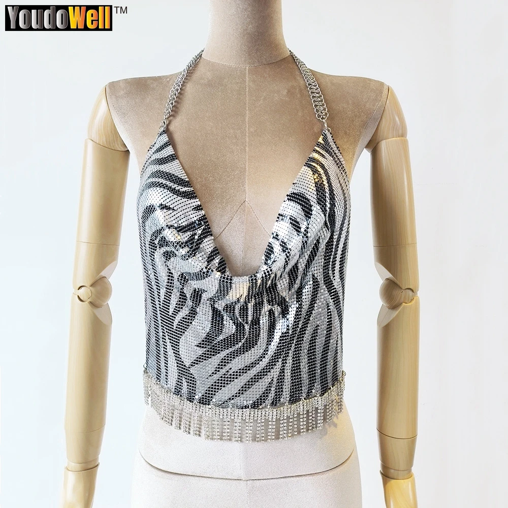 

Metallic Zebra Pattern Vest, Water Diamond Tassel Vest, Nightclub Bar, Barbed Navel, Sexy V-Neck, Wrapped Chest Top, 2023