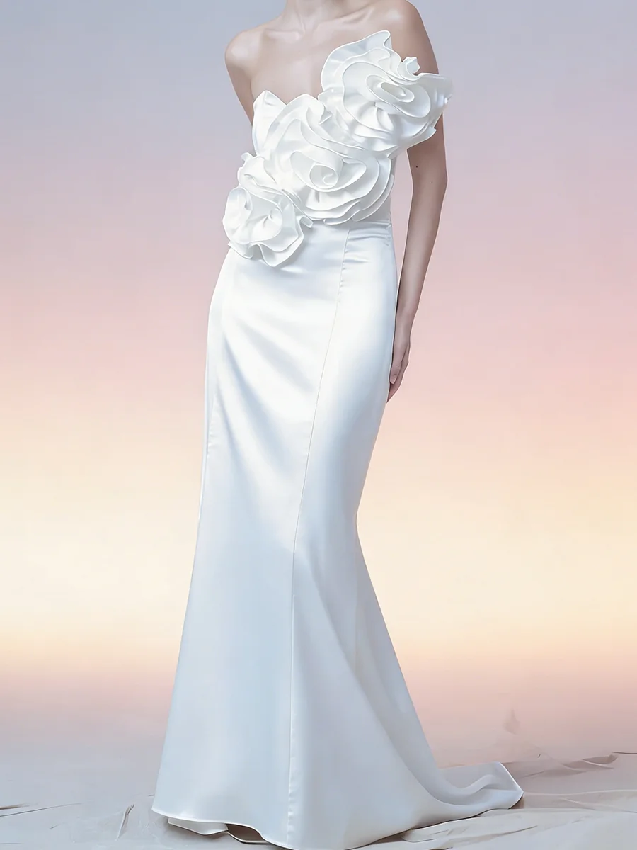 الكلاسيكية الخامس الرقبة الساتان أكمام 3D الزهور حورية البحر العروس فساتين الزفاف أثواب الزفاف حسب الطلب