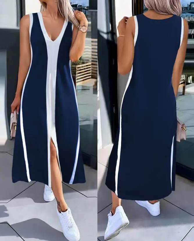 Womens Dresses 2025 Spring Fashion Striped Sleeveless Plunge Neckline Midi Dress with Slit Detail Casual Loose Fit A Line Dress