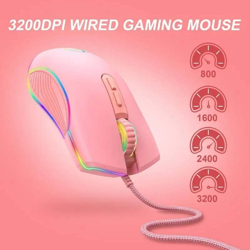 

F19C Оптические мыши -мыши с розовыми проводными мышами с плетеным USB для порта -компьютера для ноутбука для w