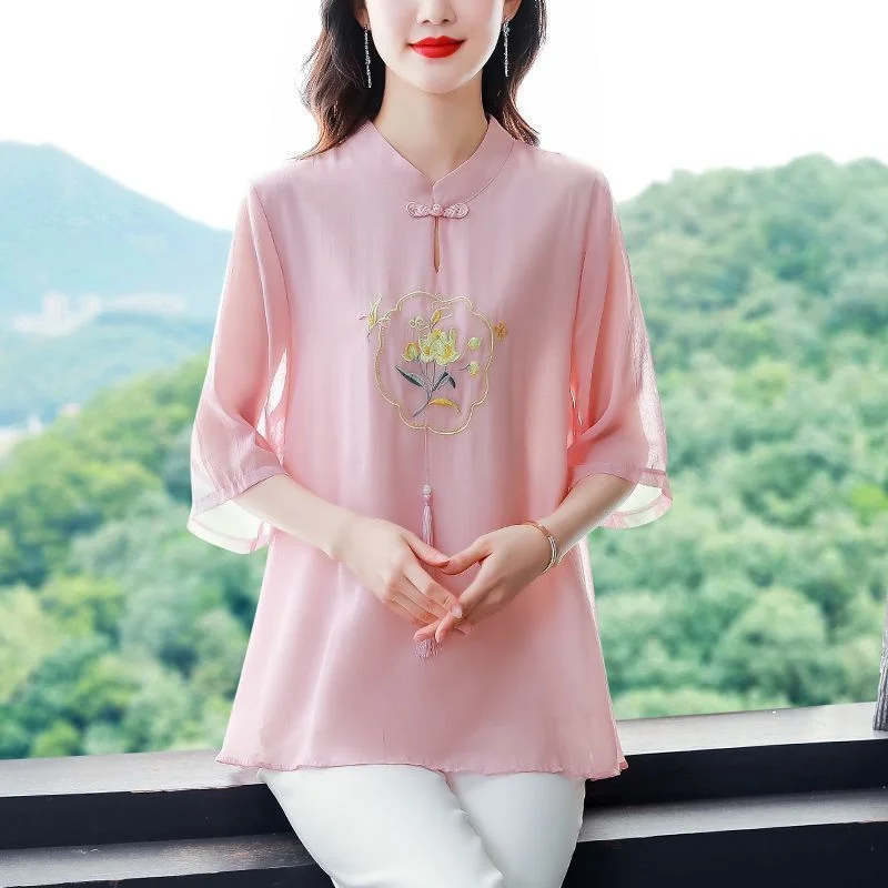 Zomershirt Dames 7-kwart mouw Nieuwe Chinese stijl Opvouwbare lente en herfst Dunne chiffon top