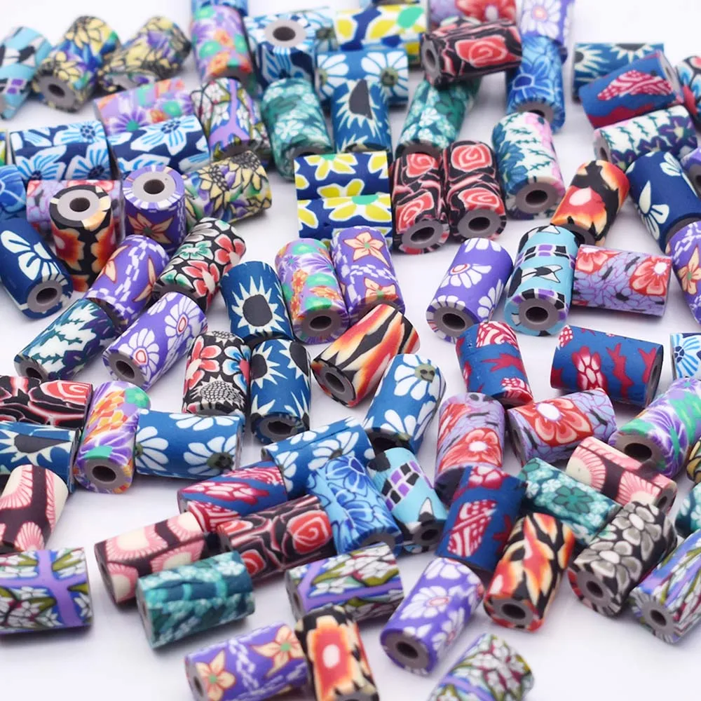 Mixed-color 7x11mm Tube Polymer Clay Beads Flower Pattern Printing Beads Tube Loose Spacer Beads for Jewelry Making DIY Bracelet