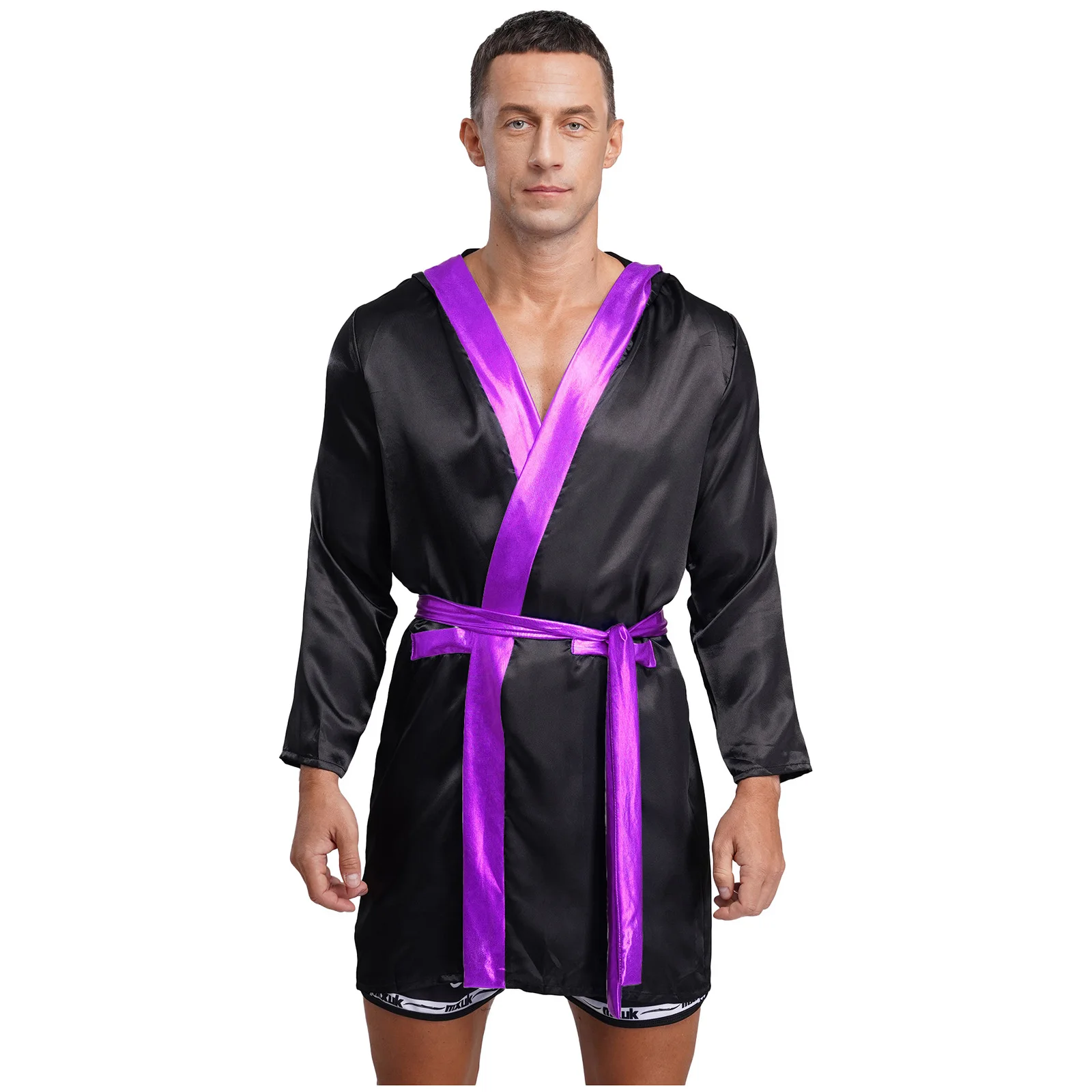 

Halloween Boxer Cosplay Performance Boxing Robes Men's Long Sleeve Open Front Metallic Shiny Trim Satin Hooded Cloak with Belt
