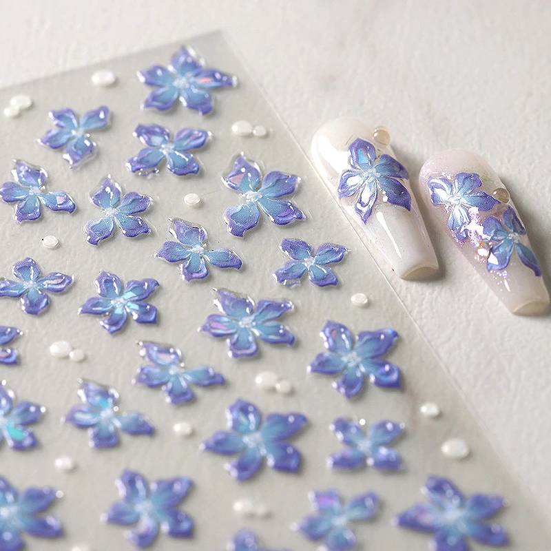 Dreamy Jelly Blue Gradient Pink White Lily Flowers Rose Daisy Petal Green Shiny Chinese Colorful Nail Art Sticker Manicure Decal