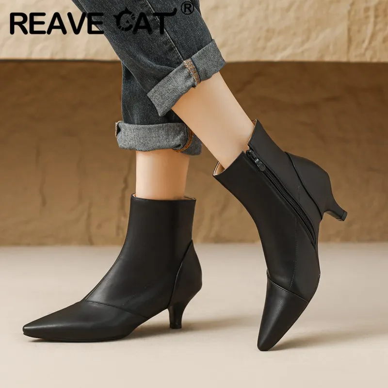 REAVE CAT Fashion Women Ankle Boots Pointed Toe Small Heel 5.5cm Size 45 46 Elegant Daiting Shoes Autumn Bota