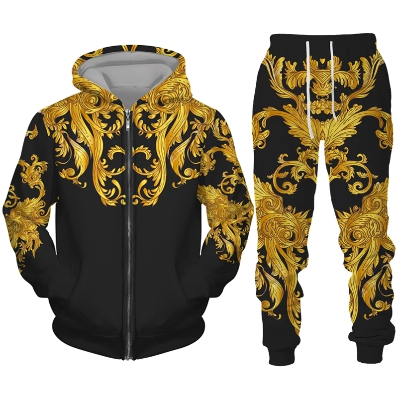 Luxury Golden Pattern 3D Print Men\'s Zipper Tracksuit Set Casual Hoodie+Pants 2pcs Sets Oversized Sweatshirt Fashion Men Clothes