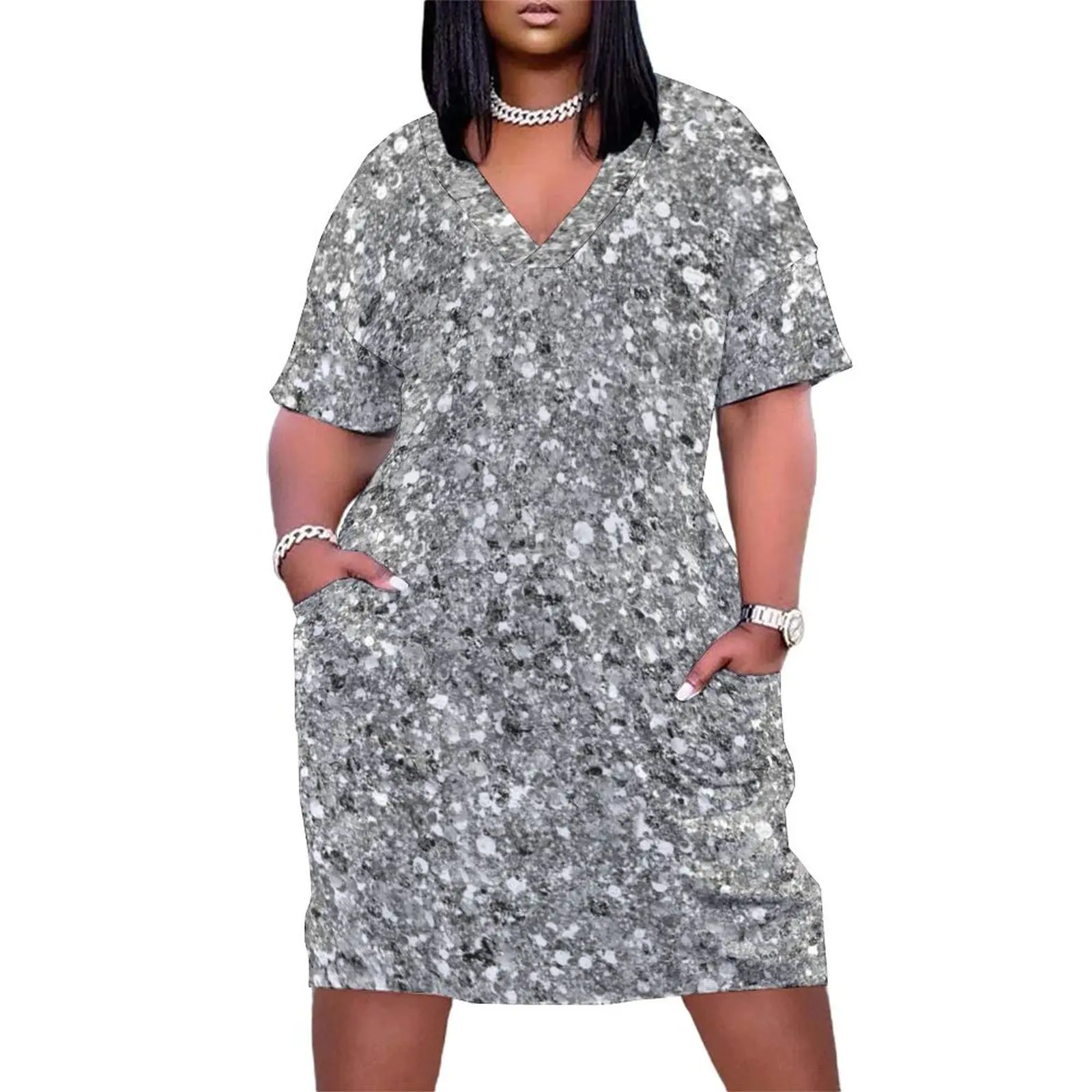 

Glitters and Glitz Silver Loose Pocket Dress Summer women's clothing Women's summer suit Casual dresses dress women summer