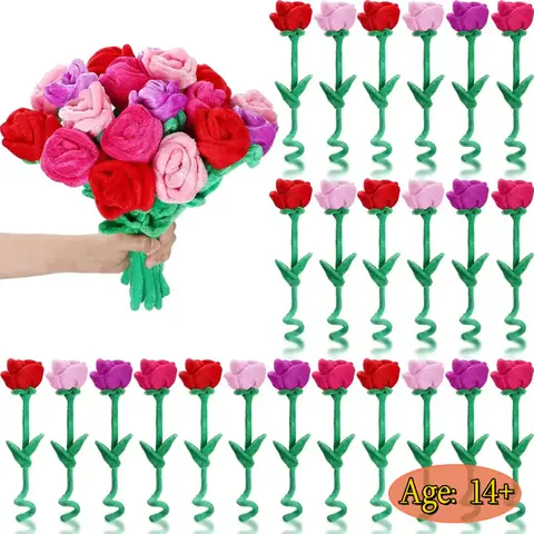 10-30Pcs Plush Rose Flower Stuffed Flower Bendable Stems Plush Bouquet Toy Soft Rose Flower for Classroom Girl Girlfriend Wife