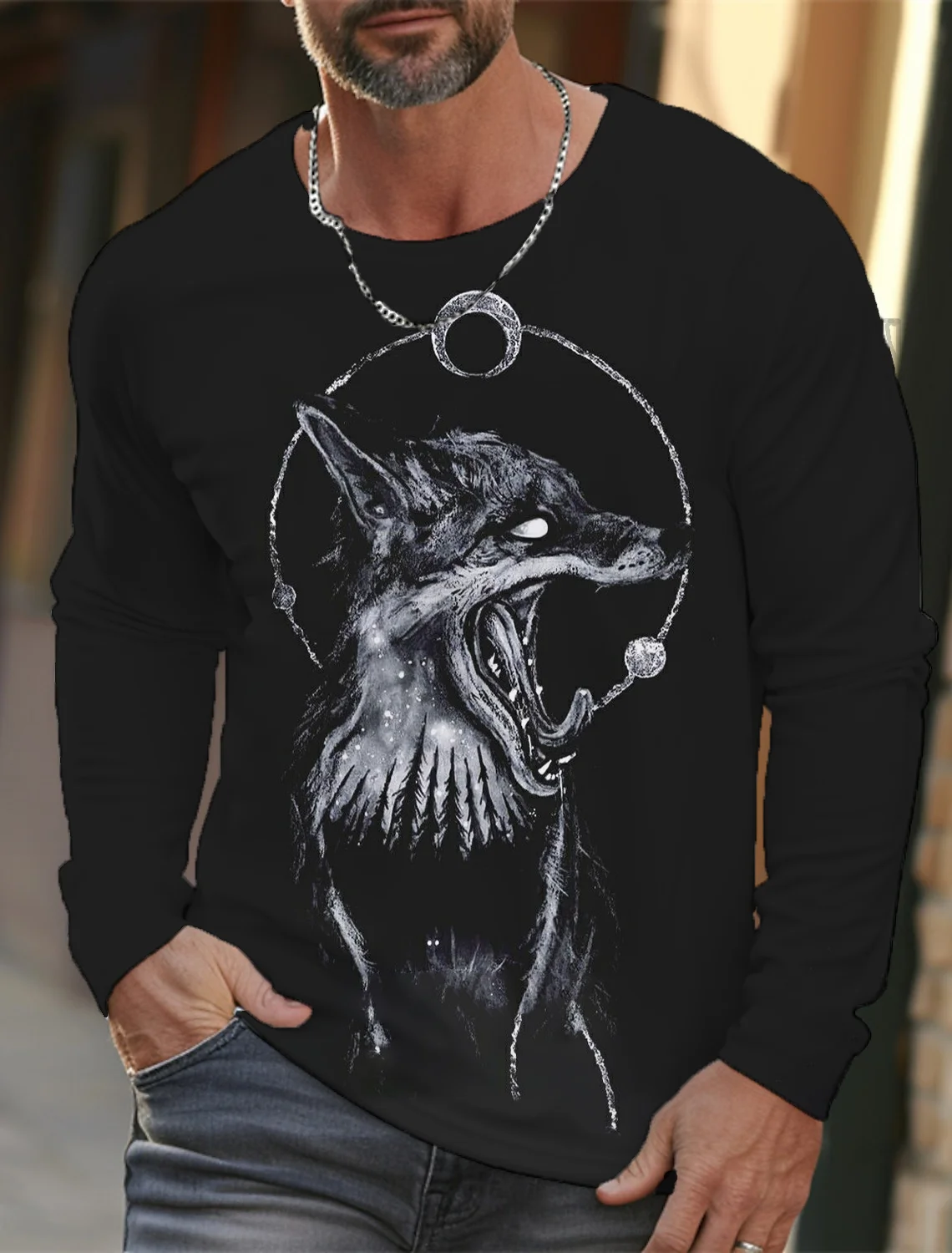 New Men's T Shirt Long-Sleeved 3D Wolf Animal Printed Graphic High-Definition Men's Autumn Tops Casual Round Neck Clothing